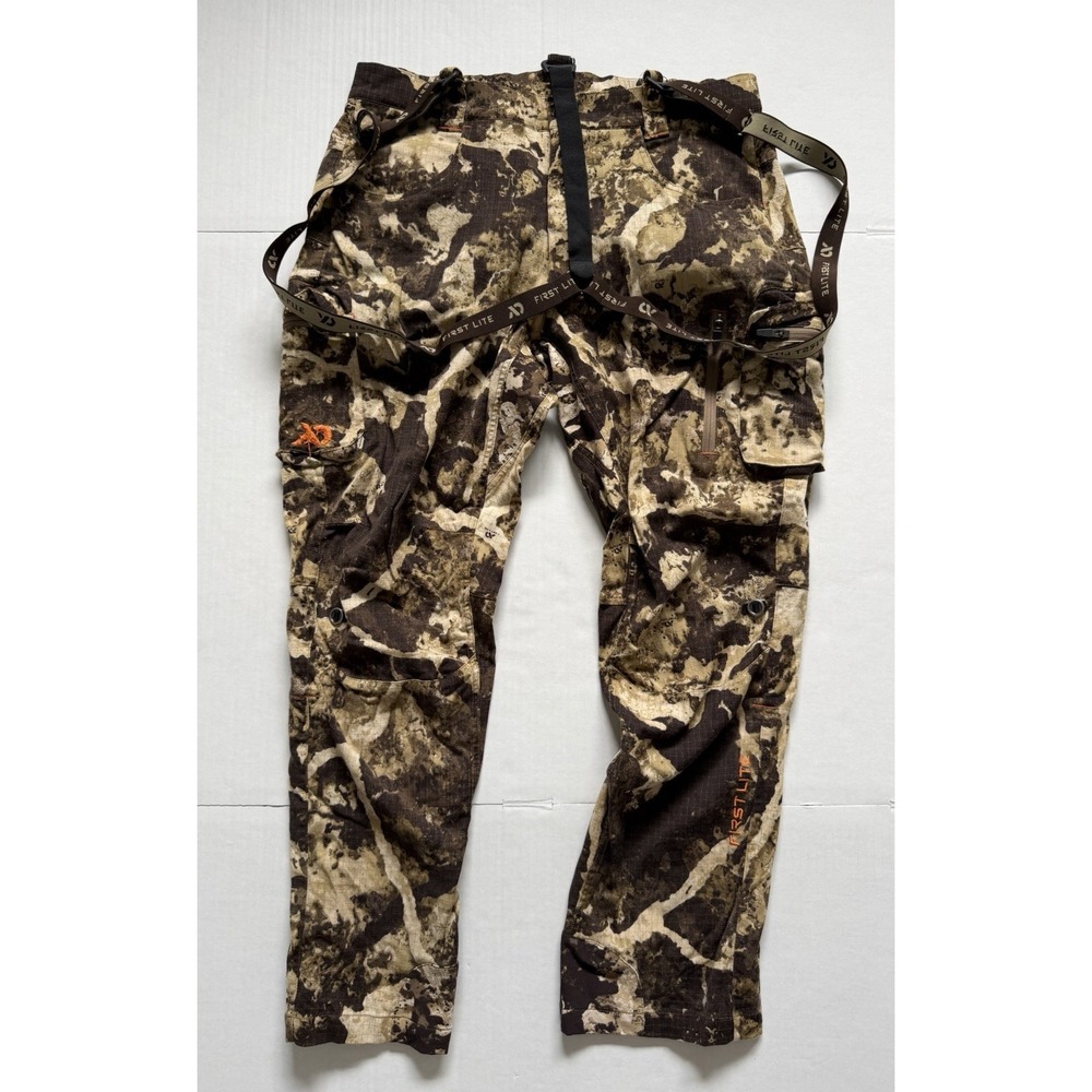 First Lite Obsidian Merino Hunting Pants Men's Large Fusion Camo Suspenders Wool